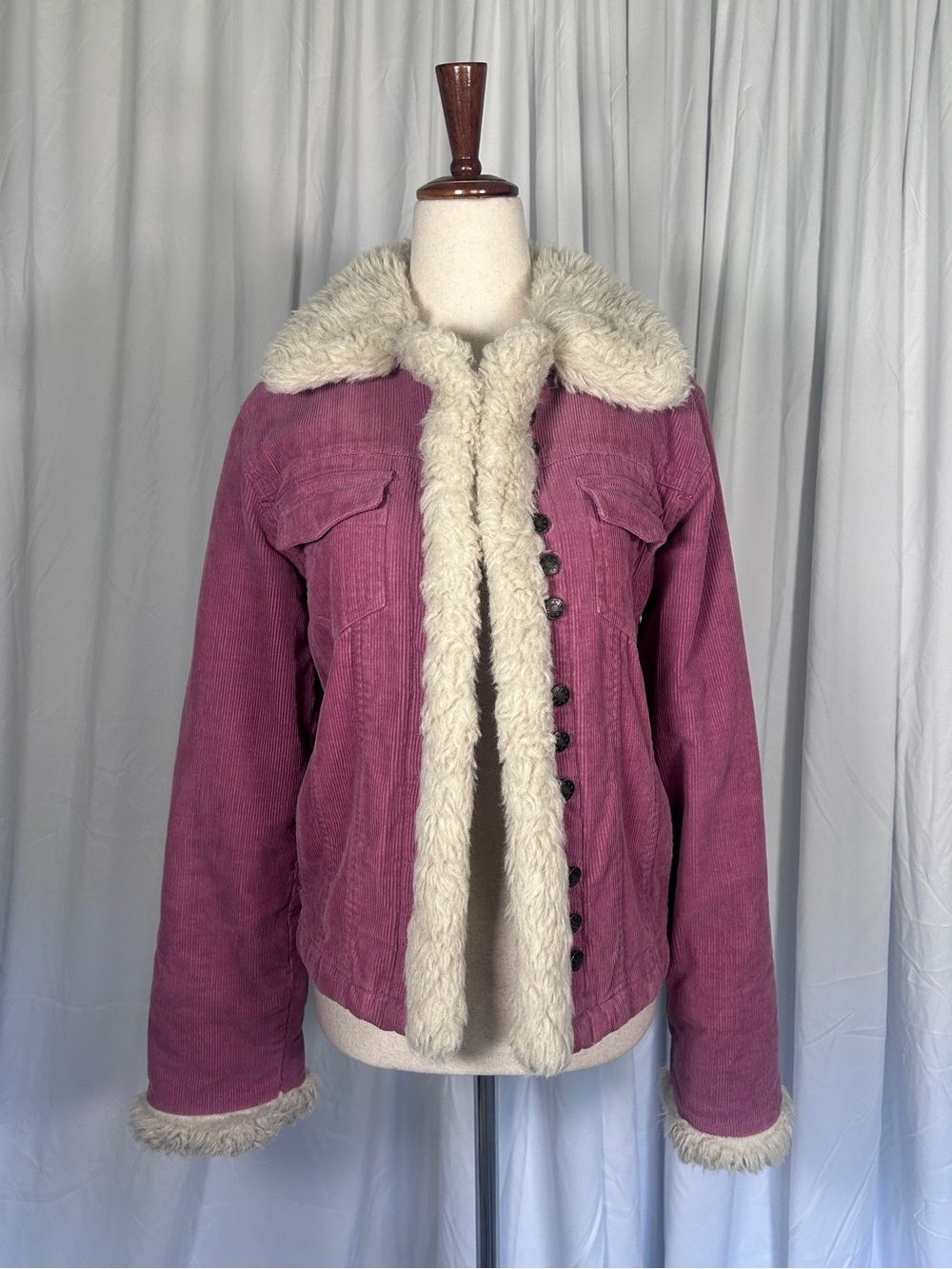 Y2K Pink Corduroy Trucker Jacket with Faux Fur Trim
